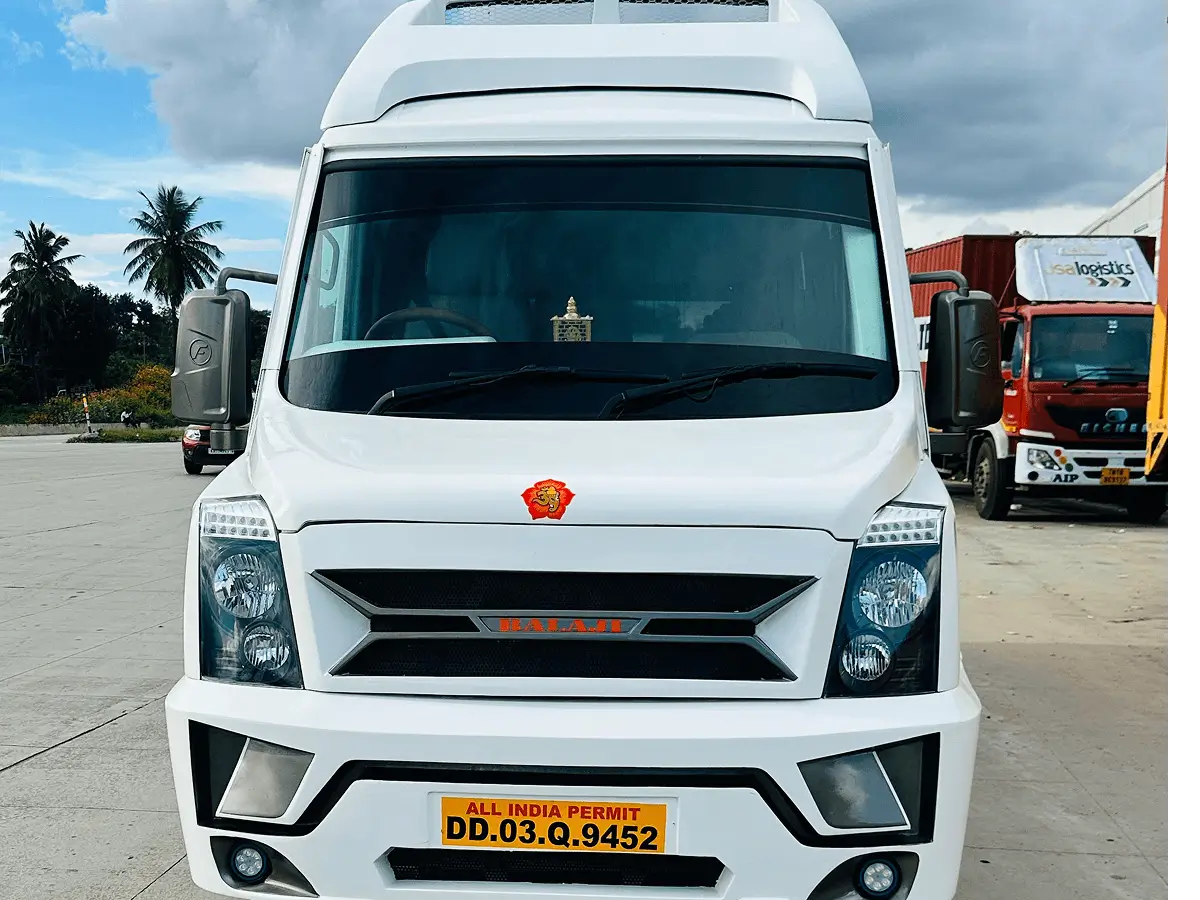 16 seater luxury tempo traveller exterior - Khushi Travels Bangalore